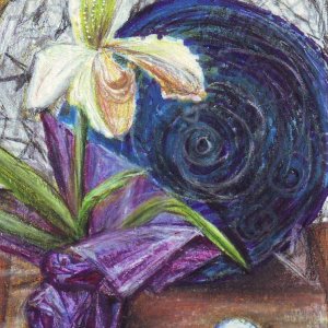 Iris and big blue bowl