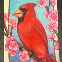 Cardinal + Peach Blossoms